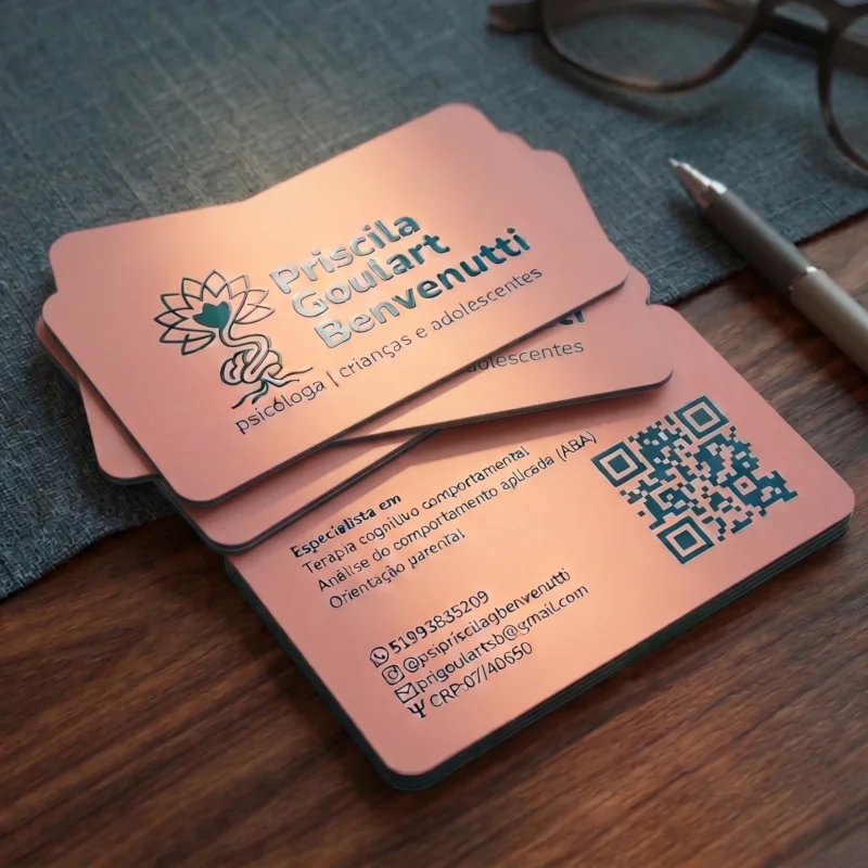 Mockup fotorrealista de cartões de visita com detalhes em verniz para psicóloga, dispostos sobre uma mesa de madeira. Projeto de Identidade Visual criado pelo Benvenutti Studio.